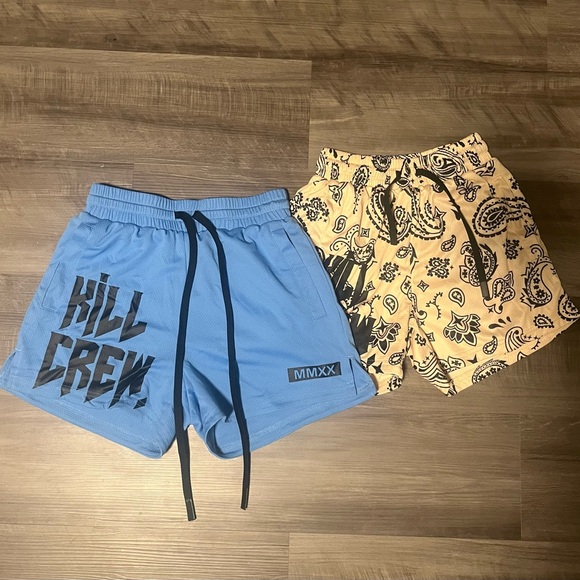 Kill Crew XS MUAY THAI SHORTS (MID THIGH CUT) BANDANA - CREAM / BLACK and BLUE - Picture 2 of 6
